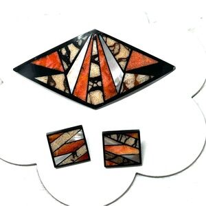 Vintage Abalone Shell Resin Geometric Pattern Barrette Earrings Set Cir 1980s